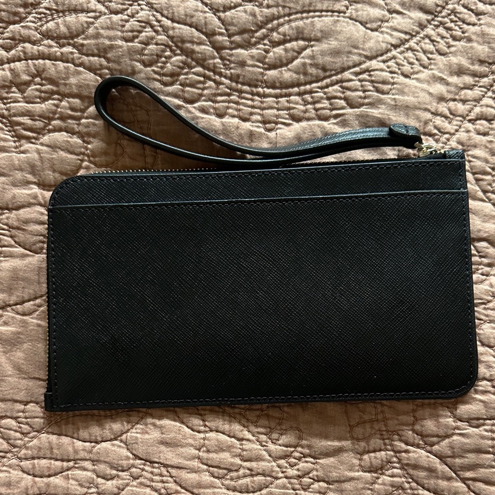 kate spade black wristlet clutch with gold logo - Picture 2 of 5